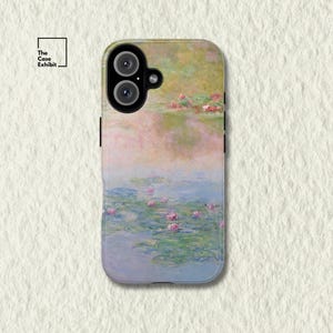 May include: A phone case featuring a painting of water lilies in a pond. The artwork has soft pink, green, and blue hues. The Case Exhibit logo is in the upper left corner.