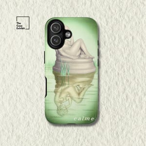 May include: A phone case with a green background featuring a classical sculpture of a seated figure on a pedestal. The figure is reflected in water below, with green reeds visible. The word calme is printed in white at the bottom right corner.