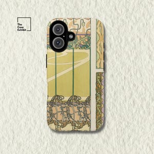Può includere: Una cover per telefono rettangolare con un'illustrazione botanica in giallo pallido e verde con linee fluide e complesse. Il design include steli di piante stilizzati e motivi organici. Il testo The Case Exhibit è stampato in nero nell'angolo in alto.