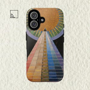 May include: A rectangular smartphone case featuring a graphic print of a pyramid-like structure with a golden sun at the top, radiating colorful rays. The design includes a central path of circular motifs transitioning from yellow to blue.
