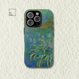 May include: A rectangular smartphone case featuring a printed reproduction of an impressionist painting with vibrant green, blue, and yellow brushstrokes depicting a garden scene with purple flowers. The case has a black camera cutout area.