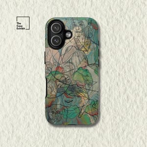 May include: A rectangular smartphone case featuring a multi-layered, abstract line art illustration with overlapping human faces and figures in muted tones of green, blue, and peach. The design includes the text The Case Exhibit in the top left corner.