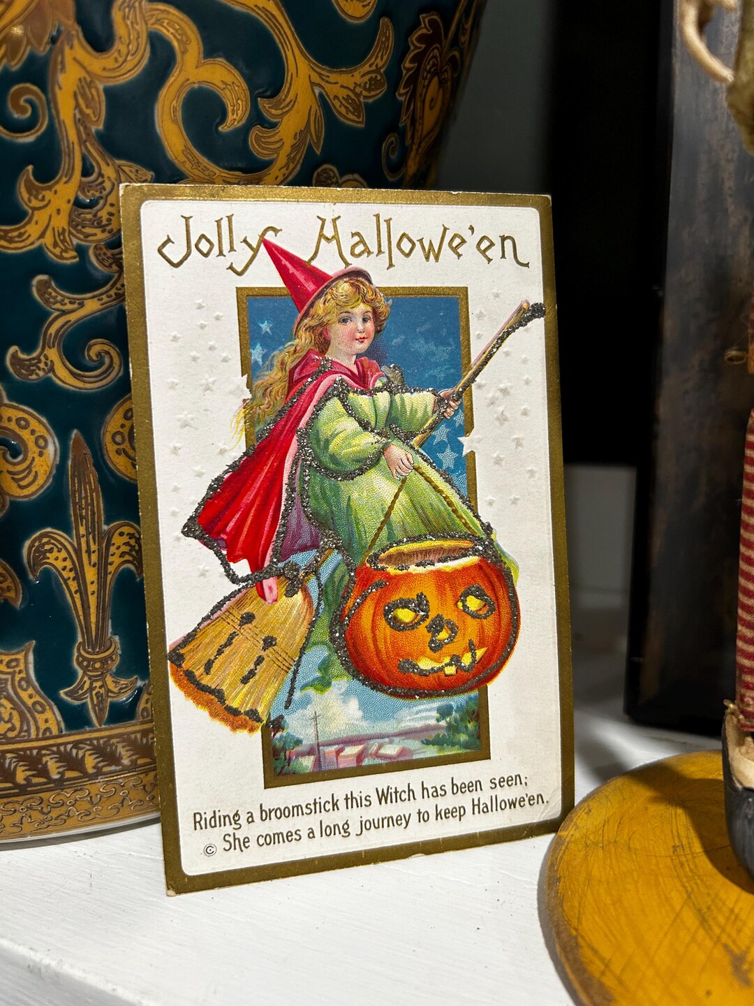 Antique Halloween Witch Glittered Postcard - Etsy