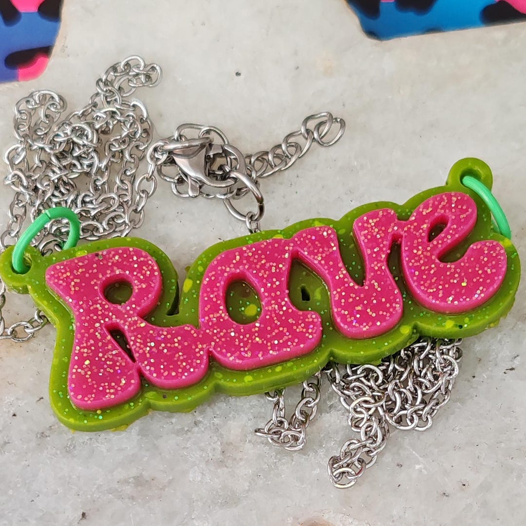 Rave Glitter Necklace – Neon Resin Statement Pendant – Handmade ...