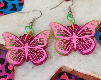 Pink Sparkle Butterfly Earrings, Surgical Steel Hooks