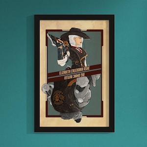 May include: Framed art print featuring a stylized illustration of a character in a black hat and outfit, holding a weapon. The print includes the text "Elizabeth Caledonia Ashe" and "Big Omnic Butler" on a maroon banner.