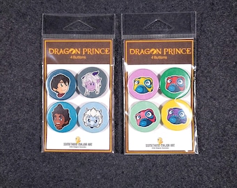Dragon Prince Button Pack, Chibi Pins, TV Show Fan Art, Callum, Rayla, Ezran, Zym, Bait Moods, Cute Collectible Buttons