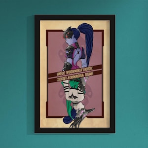 May include: A digital illustration of a character from the video game Overwatch. The character is a woman with purple hair and a black and green outfit. The background is a pink and purple color scheme. The text "AMÉLIE 'WIDOWMAKER' LACROIX" is written on the image.