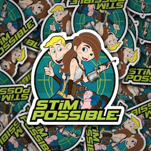 May include: A set of stickers featuring the characters Kim Possible and Ron Stoppable from the animated television series Kim Possible. The stickers are colorful and feature the characters in various poses. The text "Stim Possible" is featured on the stickers.