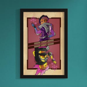 May include: A digital illustration of a character from the video game Overwatch. The character is Sombra, a hacker with purple and yellow clothing. The illustration is in a retro style, with a red and brown background.