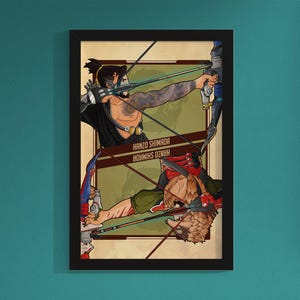 May include: A vintage-style poster featuring a character from the video game Overwatch. The character, Hanzo Shimada, is depicted twice, once with a bow and arrow and once with a sword. The poster has a yellowed background and a red and blue color scheme.