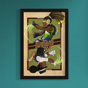 May include: A retro-style illustration of two characters from the video game Overwatch. The character on the left is wearing a black and white outfit with a hat and holding a microphone. The character on the right is wearing a green and blue outfit with a yellow helmet and holding a microphone. The background is a yellow and green color scheme with the text "Lucio Correa dos Santos" repeated twice.