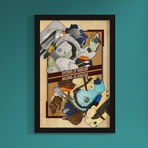 May include: A vintage-style poster featuring a cartoon illustration of a blue and white robot holding a weapon. The text on the poster reads "Specimen 28 'Winston'" and "Specimen 28 'Winston'".