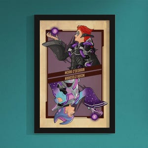 May include: A digital illustration of Moira O'Deorain, a character from the video game Overwatch. The image is in a vintage style, with a purple and blue color scheme. The character is shown in two poses, one with her arms outstretched and the other with her arms crossed. The text "MOIRA O'DEORAIN" is written in a stylized font at the bottom of the image.