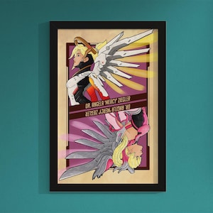 May include: A retro-style poster featuring a character from the video game Overwatch. The character, Mercy, is depicted in two poses, one with her wings spread and the other with her wings folded. The poster is in a black frame and has a yellow, orange, and purple color scheme. The text on the poster reads "DR. ANGELA "MERCY" ZIEGLER".