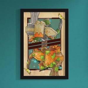 May include: A digital illustration of a robot character from the video game Overwatch. The robot is in two different forms, one with a large gun and the other with a leafy camouflage. The text "BASTION" is written on the image.
