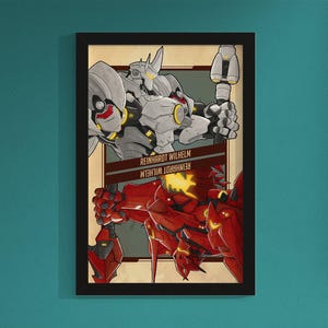 May include: A vintage-style poster featuring two characters from the video game Overwatch. The poster is red, white, and blue with a yellow background. The characters are Reinhardt Wilhelm, a large armored warrior, and a smaller, red armored character. The poster has the text "Reinhardt Wilhelm" on it.
