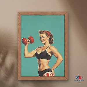 Retro gym decoration, Bodybuilder poses, Dumbbell workout poster, Female bodybuilding art, Printable home gym art, Funny weightlifter gift
