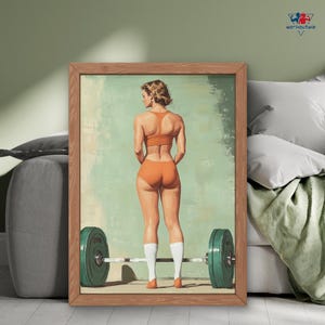 May include: A woman in an orange bikini bottom and a white sports bra is lifting a barbell. The barbell has two green weight plates on each end. The woman is standing on a wooden floor. The background is a light blue and green color.
