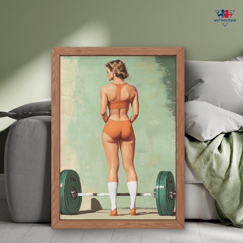 May include: A woman in an orange bikini bottom and a white sports bra is lifting a barbell. The barbell has two green weight plates on each end. The woman is standing on a wooden floor. The background is a light blue and green color.