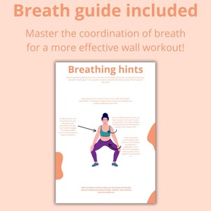 Może przedstawiać: Drukowany przewodnik z ilustracjami, jak prawidłowo oddychać podczas treningu przy ścianie. Przewodnik zawiera tekst "Breathing hints" i "Breath guide included".
