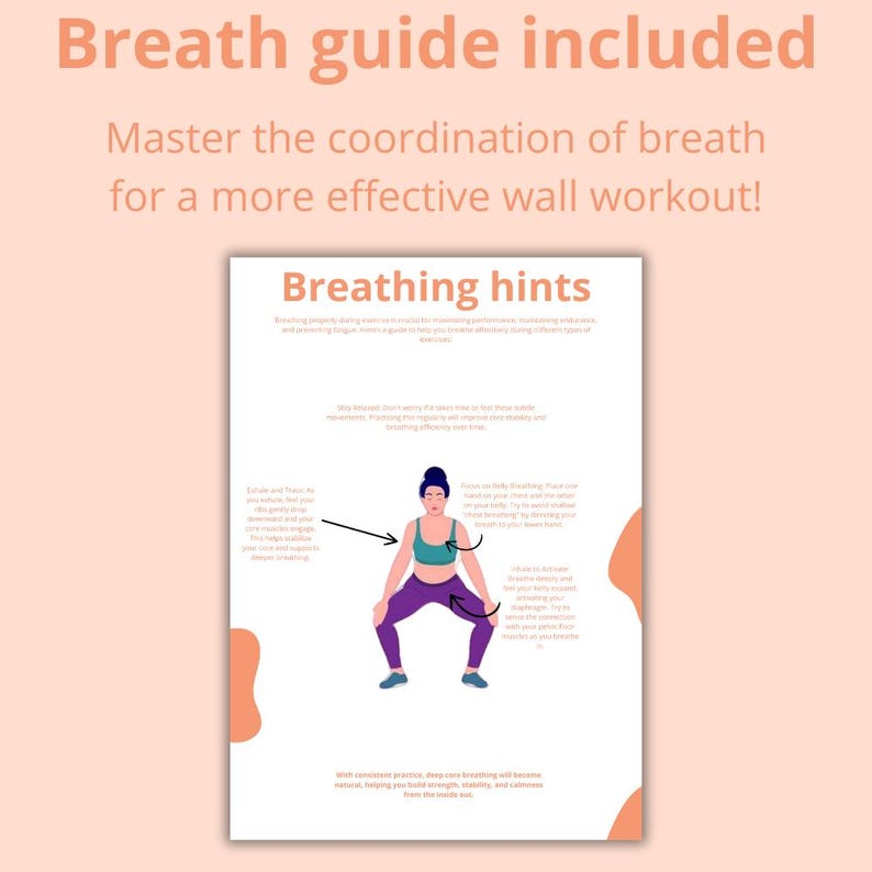 Może przedstawiać: Drukowany przewodnik z ilustracjami, jak prawidłowo oddychać podczas treningu przy ścianie. Przewodnik zawiera tekst "Breathing hints" i "Breath guide included".