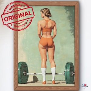 May include: A woman in an orange sports bra and shorts stands in front of a barbell with weights on each end. The background is a light green color.