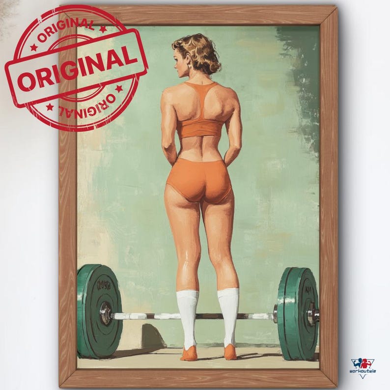May include: A woman in an orange sports bra and shorts stands in front of a barbell with weights on each end. The background is a light green color.