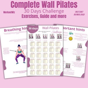 Peut inclure: Un guide imprimable de 30 jours de défi de pilates mural avec des exercices, des conseils de respiration et des conseils importants. Le guide présente un schéma de couleurs rose et blanc avec des illustrations d'une femme effectuant les exercices.