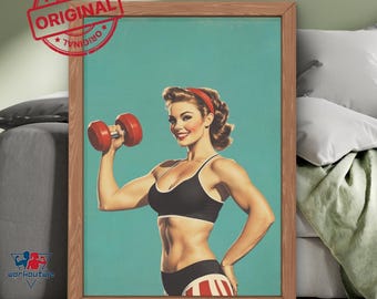 Retro Gym girl, Gym Posters, Female Bodybuilding, Gym gifts for her, Weightlifting gift, Dumbbell Poster, workout printable, CrossFit art