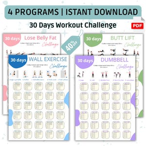 Peut inclure: Quatre tableaux d'entra&icirc;nement imprimables avec des programmes de 30 jours pour perdre du ventre, lifter les fesses, faire des exercices au mur et des exercices avec des halt&egrave;res. Chaque tableau pr&eacute;sente une illustration de dessin anim&eacute; d'une personne effectuant l'exercice et une grille de 30 jours avec des cases &agrave; cocher pour chaque jour.