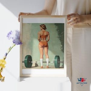May include: A woman in a red and white sports bra and orange shorts stands in front of a barbell with green weight plates. The background is a light blue and green watercolor wash.