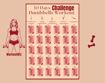Pode incluir: Um gráfico de desafio de treino de halteres de 30 dias com uma mulher levantando pesos. O gráfico inclui 30 caixas, cada uma com um exercício diferente. Os exercícios incluem extensão de tríceps por cima da cabeça, elevação lateral de halteres, supino com halteres com um braço, remadas sobre o kickback de tríceps e remadas de renegado. O gráfico é intitulado "30 Days Challenge Dumbbells Workout".