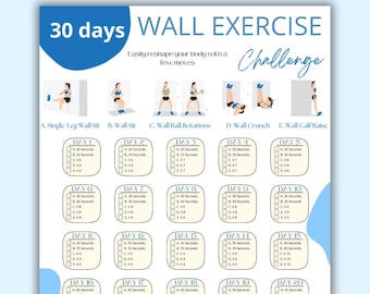 30 Day Wall Exercise Challenge Printable | Wall Fitness | Quick Workout Digital | Reshape Body | Wall Pilates | Belly Fat Challenge | PDF
