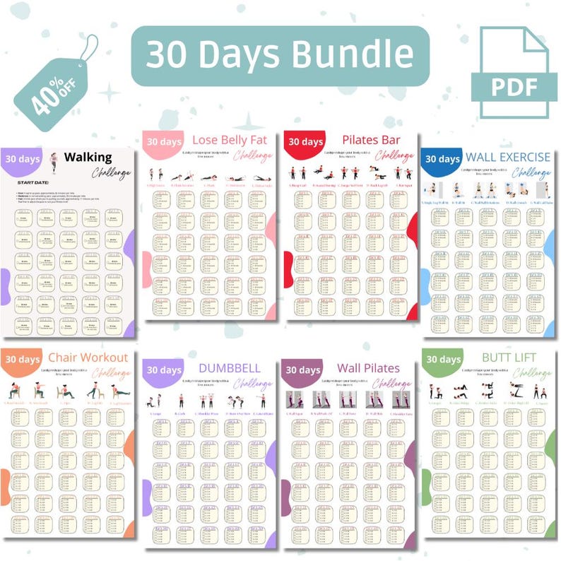 May include: A printable bundle of 30-day workout challenges. The challenges include walking, losing belly fat, pilates bar, chair workout, dumbbell, wall pilates, and butt lift. Each challenge has a grid with 30 squares for tracking progress.