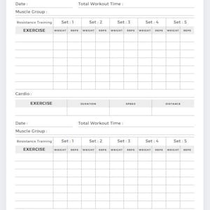 May include: A white workout log with the title "WORKOUT LOG" at the top. The log includes sections for date, muscle group, resistance training, cardio, and total workout time. It has spaces to record exercise, weight, reps, duration, speed, and distance.