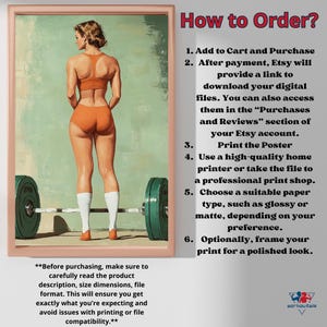 May include: A digital download poster featuring a woman lifting weights. The poster includes instructions on how to order and download the digital file. The text reads "How to Order?" and includes steps for purchasing, downloading, printing, and framing the poster.