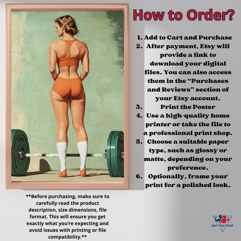 May include: A digital download poster featuring a woman lifting weights. The poster includes instructions on how to order and download the digital file. The text reads "How to Order?" and includes steps for purchasing, downloading, printing, and framing the poster.