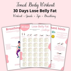Könnte beinhalten: Ein druckbarer 30-Tage-Workout-Guide zum Abnehmen des Bauches mit Atemübungen und wichtigen Hinweisen. Der Guide enthält einen täglichen Trainingsplan mit verschiedenen Übungen wie High Knees, Plank-Rotationen und Side Planks.