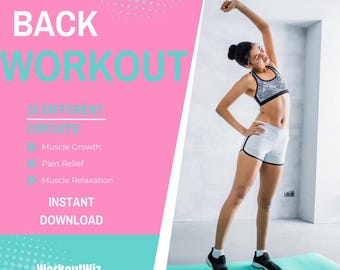 May include: A woman in a black and white sports bra and white shorts is stretching on a turquoise exercise mat. The background is a white wall. The text "BACK WORKOUT" is in large blue letters on a pink background with white polka dots. The text "10 DIFFERENT CIRCUITS" is in black letters on a white background. The text "Muscle Growth", "Pain Relief", and "Muscle Relaxation" are listed below. The text "INSTANT DOWNLOAD" is in black letters on a white background. The text "WorkoutWiz" is in white letters on a blue background with white polka dots.