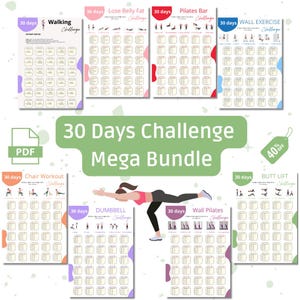 May include: A set of printable workout challenge charts. The charts feature different exercises, including walking, pilates, chair workouts, dumbbell exercises, wall pilates, and butt lifts. Each chart has a 30-day challenge with a grid of exercises to complete each day. The charts are designed to help people stay motivated and reach their fitness goals.