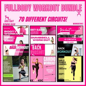 Puede incluir: Un gráfico rosa y blanco con el texto "Fullbody Workout Bundle" y "70 Different Circuits!" El gráfico presenta imágenes de mujeres haciendo diferentes ejercicios, incluyendo entrenamiento cardiovascular, de espalda, de glúteos y con mancuernas. El texto "Workoutwiz" aparece en la esquina superior derecha.