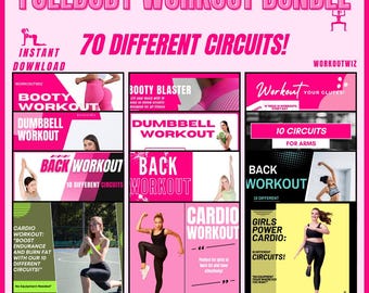 May include: A pink and white graphic with the text "Fullbody Workout Bundle" and "70 Different Circuits!"  The graphic features images of women doing different exercises, including cardio, back, booty, and dumbbell workouts.  The text "Workoutwiz" appears in the top right corner.