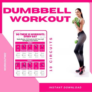 Puede incluir: Un gráfico de entrenamiento imprimible rosa y blanco con el título "Dumbbell Workout" y el texto "Haz estos 10 entrenamientos todos los días" con una lista de 10 ejercicios para hacer con mancuernas. El gráfico está dividido en dos rondas, cada una con cinco ejercicios. Los ejercicios están ilustrados con figuras de palo. El gráfico está rodeado por un borde rosa.