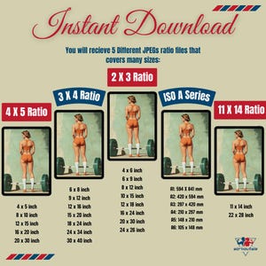 May include: A digital download of five different JPEG ratio files for images, including 2x3, 3x4, 4x5, 11x14, and ISO A series. The image shows a woman lifting weights in a vintage style illustration.