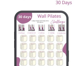 Pode incluir: Um desafio de pilates de parede imprimível de 30 dias com ilustrações de cinco exercícios diferentes: agachamento de parede, push-off de parede, torção de parede, deslizamento de parede e elevação de ombro. Cada exercício é atribuído a um dia específico do mês. O texto "WorkoutWiz" aparece no canto inferior esquerdo e "DOWNLOAD INSTANTÂNEO" aparece no canto inferior direito.