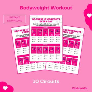 Könnte beinhalten: Ein rosa-weißes druckbares Trainingsschema mit dem Text "Mache diese 10 Workouts jeden Tag" und "Baue Kraft auf und forme deinen Körper mit Ganzkörper-Körpergewichts-Workouts". Das Schema enthält 10 verschiedene Übungen mit Anweisungen für jede Übung, einschließlich der Anzahl der Wiederholungen und Sätze.