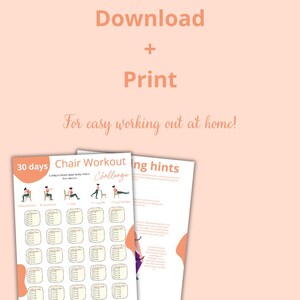 Może przedstawiać: Drukowalne 30-dniowe wyzwanie treningowe z krzesłem z ilustracjami ćwiczeń. Tekst brzmi "Chair Workout Challenge" i "30 days".