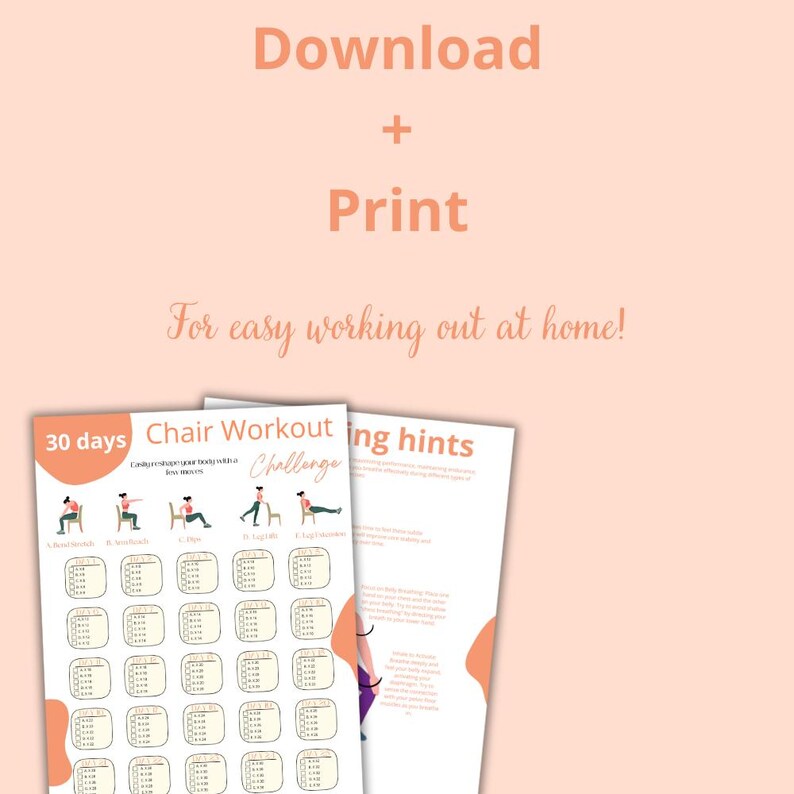 Może przedstawiać: Drukowalne 30-dniowe wyzwanie treningowe z krzesłem z ilustracjami ćwiczeń. Tekst brzmi "Chair Workout Challenge" i "30 days".