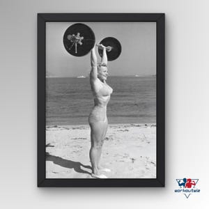 Woman Lifting Weights At Beach Wall Art, Beach Fitness Print, Vintage Woman Bodybuilder, Black and White Print, Gym Decor, Retro Wall Decor